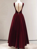 Simple A line Scoop Velvet Burgundy Velvet Long Prom Dresses HZ1022