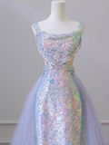 Sparkly Mermaid Sleeveless Sequin Light Sky Blue Long Prom Dress HZ1022