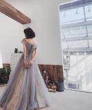 Sexy A line Off The Shoulder Gray Blue Prom Dresses Lace Long Prom Gown HZ1022