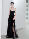 Sexy Spaghetti Straps Bling Sequin Mermaid Long Black Prom Dresses HZ1022