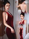 Luxury Mermaid Velvet Evening Dress Red Long Prom Dress HZ1022