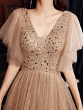 Charming A line Champagne Prom Dress With Puffy Sleeves Long Prom Dresses HZ1022