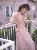 Fairy A line Square Long Sleeves Tulle Flowers Long Prom Dress HZ1022