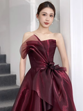 Simple Ball Gown Strapless Organza Burgundy Long Prom Dress HZ1022