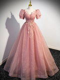 Beautiful Pink Tulle Floor Length Prom Dress with Short Sleeve HZ1022