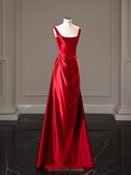 Simple A line Straps Red Satin Long Prom Dresses HZ1022