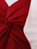Simple One Shoulder Ruffles Red Satin Long Prom Dresses HZ1022