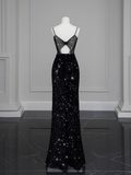 Sexy Spaghetti Straps Bling Sequin Mermaid Long Black Prom Dresses HZ1022