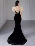 Sexy Mermaid Black Velvet Long Prom Dresses HZ1022