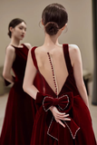 Simple A line Scoop Velvet Burgundy Velvet Long Prom Dresses HZ1022