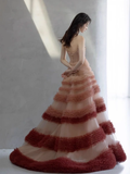 Modest Ball Gown Strapless Pink Tulle Flowers Long Prom Dresses HZ1022