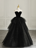 Black Strapless Tulle Formal Dress with Velvet Long Prom Dress HZ1022