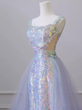 Sparkly Mermaid Sleeveless Sequin Light Sky Blue Long Prom Dress HZ1022