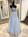 A line Blue Spaghetti Strap Tulle Long Prom Dress with Lace HZ1022