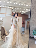 Simple A line High Neckline Tulle Champagne Long Prom Dress HZ1022