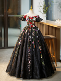 Ball Gown Black Tulle Long Prom Dress with Lace Flowers HZ1022