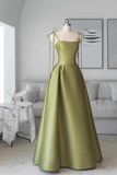 Simple A line Spaghetti Straps Satin Long Prom Dresses HZ1022