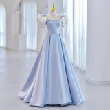 Princess A line Light Blue Satin Prom Dress Long Prom Dresses HZ1022