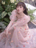 Fairy A line Square Long Sleeves Tulle Flowers Long Prom Dress HZ1022