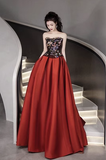 Simple Strapless Satin Red Long Prom Dress HZ1022
