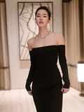 Sexy Mermaid Off The Shoulder Black Long Sleeves Prom Dress HZ1022