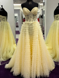 Ball Gown Strapless Yellow Lace Long Prom Dresses HZ1022
