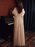 Charming A line Champagne Prom Dress With Puffy Sleeves Long Prom Dresses HZ1022
