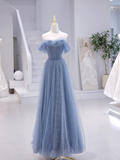 A line Blue Strapless Tulle Long Prom Dress HZ1022