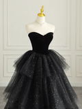 Black Strapless Tulle Formal Dress with Velvet Long Prom Dress HZ1022