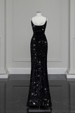 Sexy Spaghetti Straps Bling Sequin Mermaid Long Black Prom Dresses HZ1022