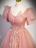 Beautiful Pink Tulle Floor Length Prom Dress with Short Sleeve HZ1022