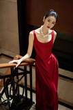 Simple A line Straps Red Satin Long Prom Dresses HZ1022