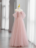 Beautiful A-Line Off Shoulder Pink Tulle Long Prom Dress HZ1022