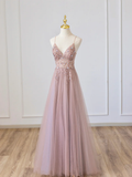 Pink V-Neck Tulle Long Prom Dress with Beaded HZ1022