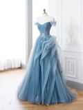 A-Line Blue Tulle Lace Long Prom Dress HZ1022