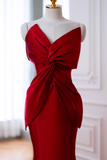 Simple One Shoulder Ruffles Red Satin Long Prom Dresses HZ1022