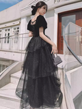 Ball Gown Black Prom Dress With Puffy Sleeves Long Prom Dresses HZ1022