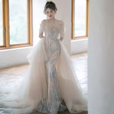 Sparkly Mermaid Cap Sleeves Sequin Long Prom Dress HZ1022
