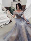 Sexy A line Off The Shoulder Gray Blue Prom Dresses Lace Long Prom Gown HZ1022
