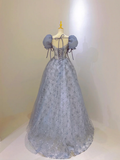 Gorgeous Blue Tulle Lace Long Prom Dress HZ1022