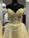 Ball Gown Strapless Yellow Lace Long Prom Dresses HZ1022