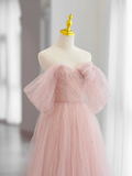Beautiful A-Line Off Shoulder Pink Tulle Long Prom Dress HZ1022