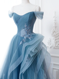 A-Line Blue Tulle Lace Long Prom Dress HZ1022