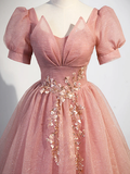 Beautiful Pink Tulle Floor Length Prom Dress with Short Sleeve HZ1022