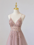 Pink V-Neck Tulle Long Prom Dress with Beaded HZ1022