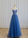 A Line Blue Strapless Tulle Long Prom Dress with Beaded HZ1022