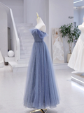 A line Blue Strapless Tulle Long Prom Dress HZ1022