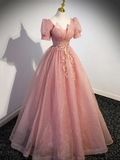 Beautiful Pink Tulle Floor Length Prom Dress with Short Sleeve HZ1022