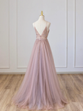 Pink V-Neck Tulle Long Prom Dress with Beaded HZ1022