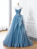 A-Line Blue Tulle Lace Long Prom Dress HZ1022
